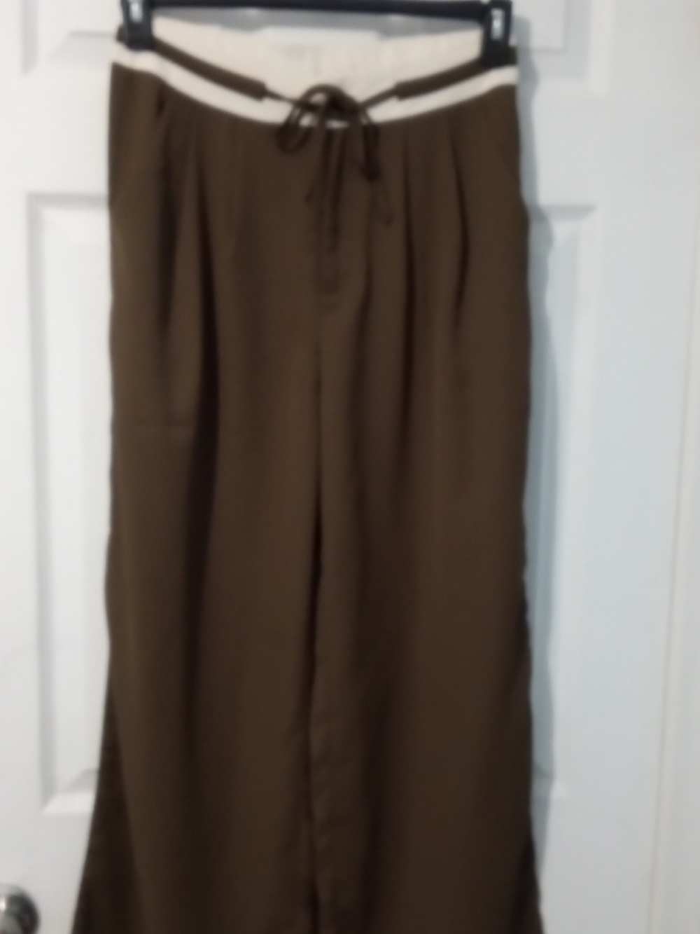 Cider Olive Wide-Leg Drawstring Pants with Cream Waistband